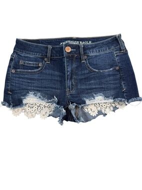 American Eagle Shortie Denim Shorts Size 6 Super Stretch Lace Pockets